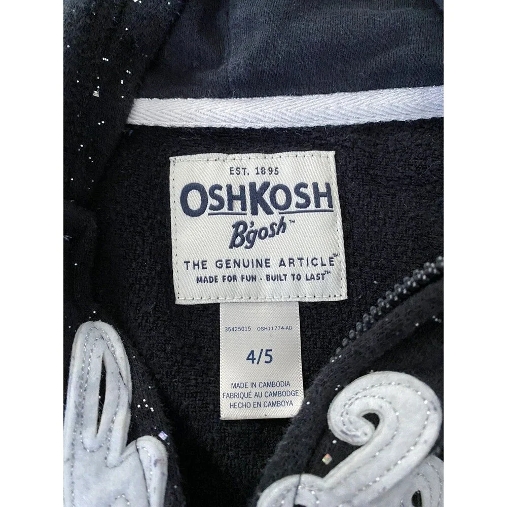 Oshkosh B’gosh Girl 4/5 Hooded Sweatshirt Black  White Sparkles Zip w Pockets